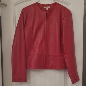 Yvonne&Marie Red Fitted Leather Jacket with Round Neckline